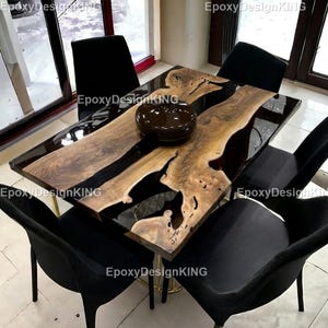 Black Epoxy River Dining Table Live Edge Wood Table, Modern Rectangular Resin Table Luxury Dining Furniture Walnut  Black Epoxy Tabletop