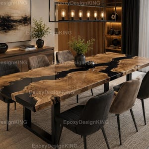 Handmade Black Epoxy River Dining Table, Live Edge Wood Dining Table, Luxury Rectangular Dining Table, Wood & Black Epoxy Dining Table,