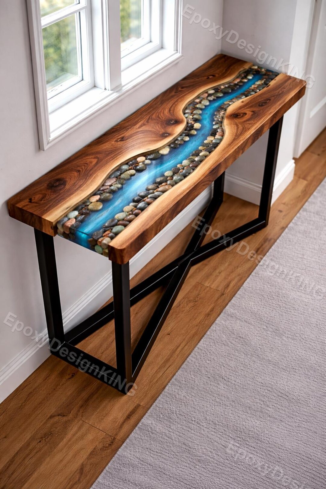 Live Edge Walnut Epoxy River Console Table | Blue Resin River Entryway ...