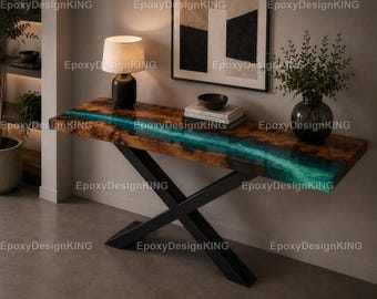 Luxury Turquoise Epoxy River Console Table  Modern Blue Epoxy River Console Table Luxury Live Edge Epoxy Console Table  Modern Console Table