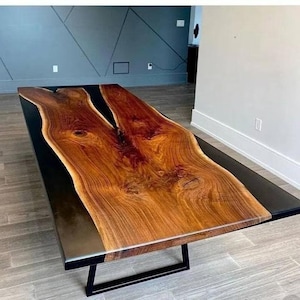 Black Epoxy River Dining Table | Solid Wood Resin Tabletop | Custom Handmade Epoxy Table | Modern Office or Dining Furniture, epoxy table
