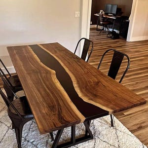 Epoxy dining table, Black Epoxy River Coffee Table, Live Edge Wood & Resin, Modern Handmade Tabletop | Custom Wood Resin table, epoxy table