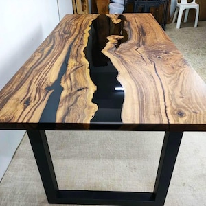 Live Edge Epoxy Table Top, Black Epoxy River Table, Custom Acacia Wood Dining Table, Handmade Resin Table, Modern Black Epoxy Tabletop