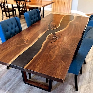Black Epoxy River Dining Table – Live Edge Walnut Tabletop – Modern Resin Table – Handmade Custom Epoxy Wood Table – Conference Office Table
