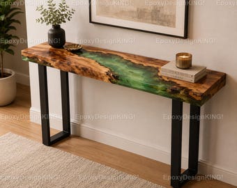 Handgemachter Konsolentisch aus Olivenholz Epoxy, Green Resin River Flur Tisch
