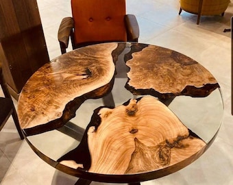 Luxury Round Epoxy River Table with Floral Design–Handmade Live Edge Wood & Resin Tabletop, Custom Dining Table, Artistic Modern Furniture