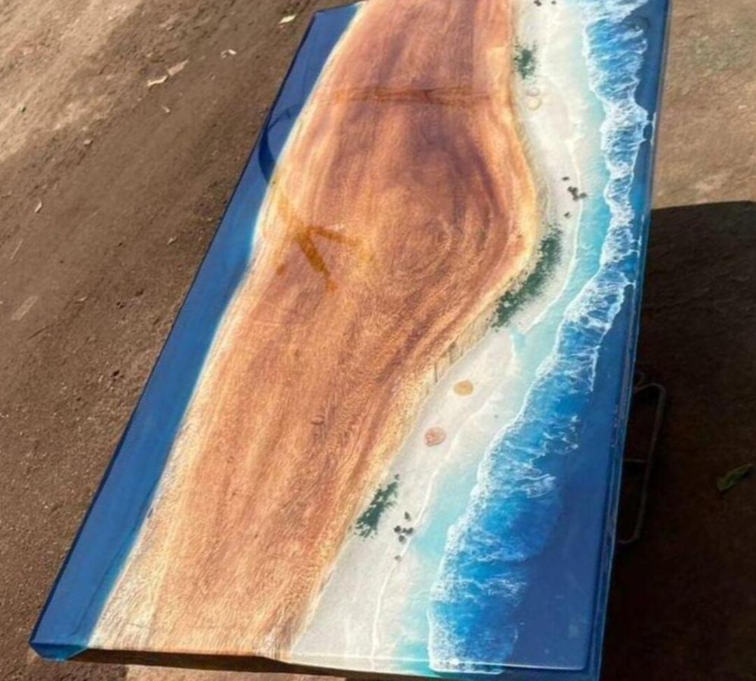 Handmade Ocean Epoxy Resin Table – Live Edge Wood Beach Wave Tabletop ...