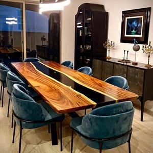 Live Edge Black Epoxy River Dining Table | Acacia Wood Table | Custom Handmade Resin Tabletop | Modern Luxury Furniture | Epoxy Dining Table