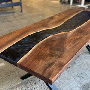 Black Epoxy River Dining Table | Live Edge Walnut Resin Table | Custom Handmade Epoxy Furniture | Modern Conference or Office Table