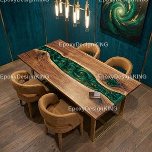 Mesa de comedor rectangular de lujo con borde natural de resina epoxi verde y madera maciza con borde natural hecha a mano.