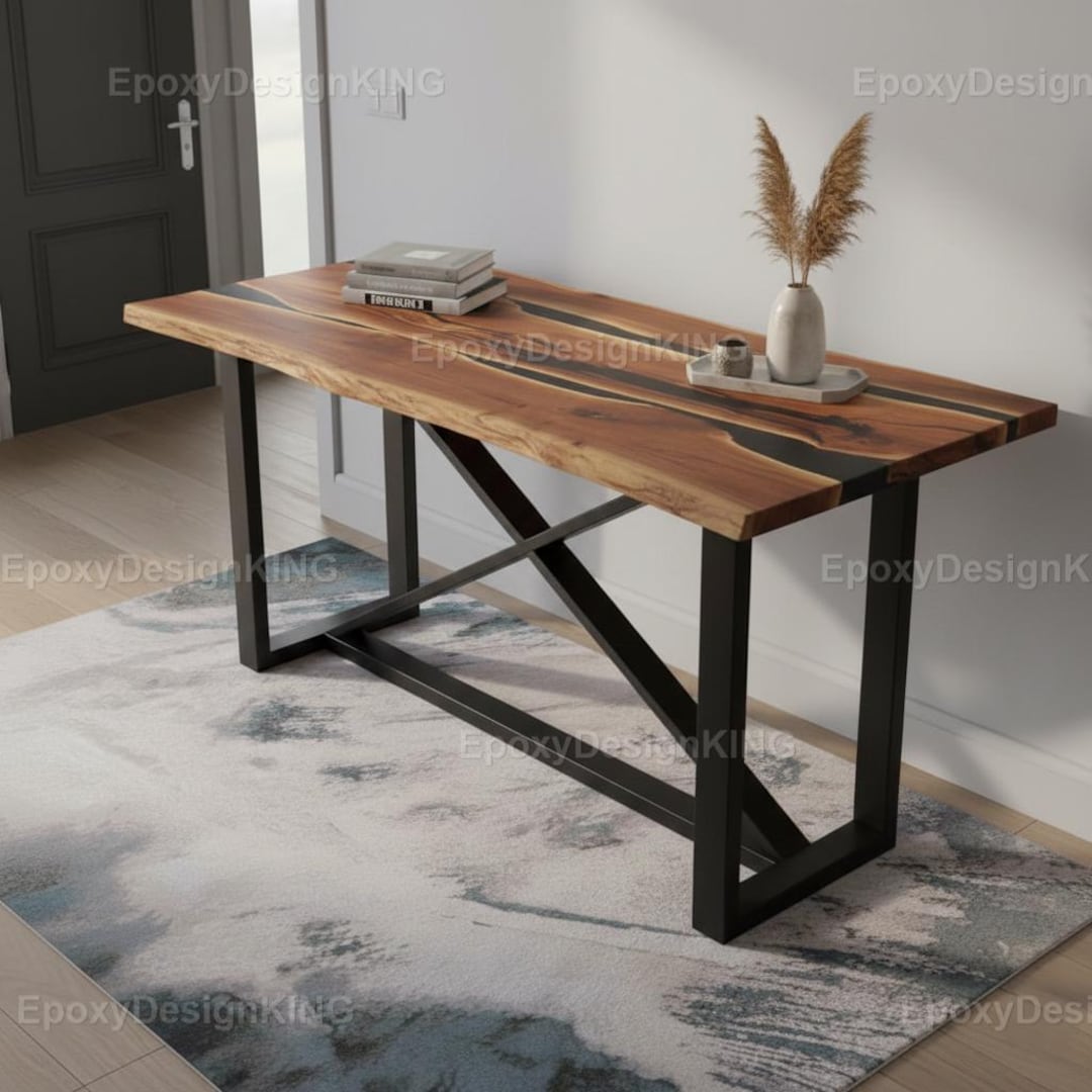 Handmade Live Edge Walnut Console Table | Black Epoxy River, Modern ...