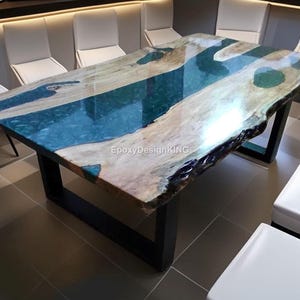 Handmade Epoxy River Dining Table | Live Edge Wood & Blue Resin Luxury Table Custom Ocean Epoxy Resin Table | Modern Live Edge Table Top |