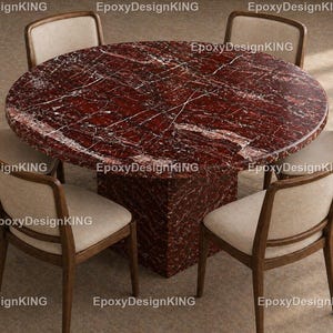 Mesa de comedor redonda de mármol rojo de lujo con base de pedestal, mesa de comedor moderna de piedra, mueble de alta gama que marca la diferencia. Mesa redonda de mármol rojo Rosso.
