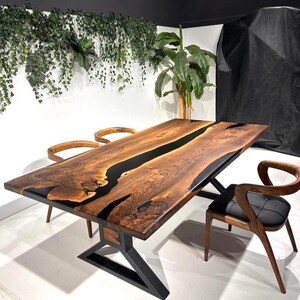 Epoxy River Dining Table – Live Edge Walnut Wood Resin Table – Modern Rustic Black Epoxy Furniture – Custom Luxury Dining Tabletop,