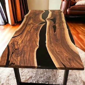 Live Edge Black Epoxy River Table | Solid Acacia Wood Dining Table | Modern Resin Tabletop | Handmade Custom Furniture | Rustic Luxury Table