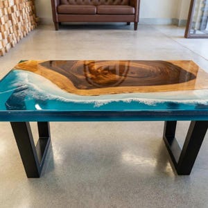 Luxury Ocean Wave Epoxy River Table Top – Handmade Live Edge Wood & Blue Resin Shoreline Design, Custom Coastal Dining or Desk Tabletop Only
