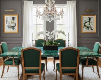 Green Malachite Dining Table | Genuine Gemstone Slab with Ornate Brass Base | Handcrafted Semi-Precious Stone Furniture | Elegant Art Deco