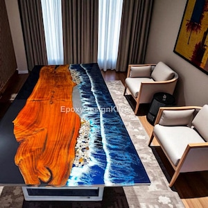 Handmade Ocean Wave Epoxy Resin Dining Table – Live Edge Wood with Beach & Sea Design Luxury Blue Epoxy Resin River Table Ocean Tabletop |