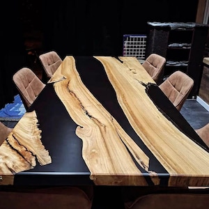Natural Live Edge Black Epoxy River Table | Oak Wood Dining Table | Handmade Resin Table | Custom Luxury Furniture | Modern Conference Table