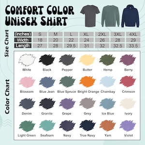 K&ouml;nnte beinhalten: Eine Tabelle mit Comfort Color Unisex-Shirts. Die Tabelle enth&auml;lt eine Gr&ouml;&szlig;entabelle in Zoll, von S bis 4XL, und eine Farbtabelle mit Farbmustern wie Wei&szlig;, Schwarz und Blue Jean.