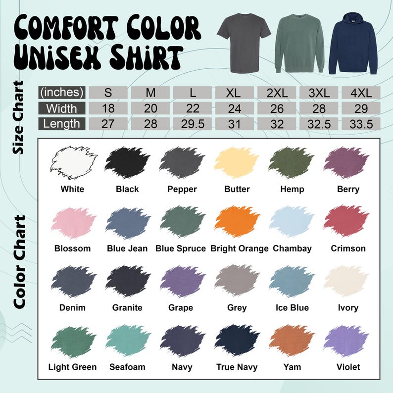 K&ouml;nnte beinhalten: Eine Tabelle mit Comfort Color Unisex-Shirts. Die Tabelle enth&auml;lt eine Gr&ouml;&szlig;entabelle in Zoll, von S bis 4XL, und eine Farbtabelle mit Farbmustern wie Wei&szlig;, Schwarz und Blue Jean.