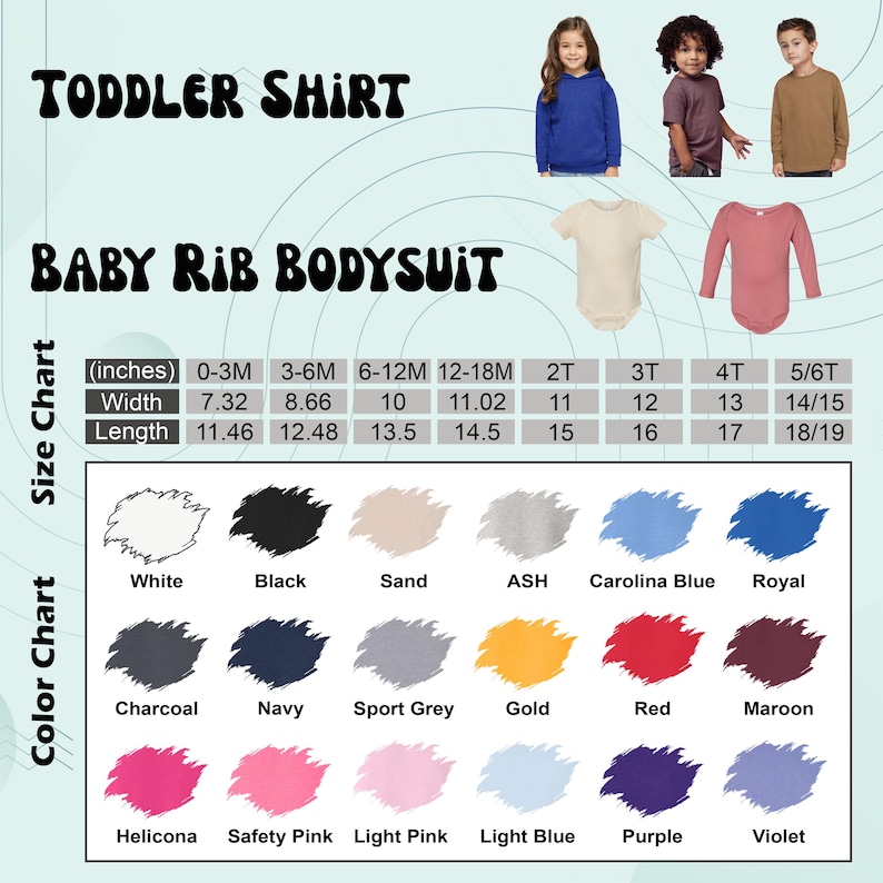K&ouml;nnte beinhalten: Ein Gr&ouml;&szlig;en- und Farbtabelle f&uuml;r T-Shirts f&uuml;r Kleinkinder und Baby-Rippbodysuits. Die Tabelle enth&auml;lt Ma&szlig;e in Zoll f&uuml;r Breite und L&auml;nge sowie eine Vielzahl von Farboptionen wie Wei&szlig;, Schwarz und Carolina Blue.
