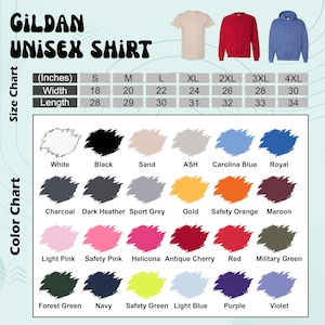 K&ouml;nnte beinhalten: Gildan Unisex Shirt Farb- und Gr&ouml;&szlig;entabelle. Die Tabelle enth&auml;lt Shirtfarben wie Wei&szlig;, Schwarz, Sand und Carolina Blue. Die Gr&ouml;&szlig;entabelle enth&auml;lt Breiten- und L&auml;ngenmessungen in Zoll f&uuml;r die Gr&ouml;&szlig;en S bis 4XL.