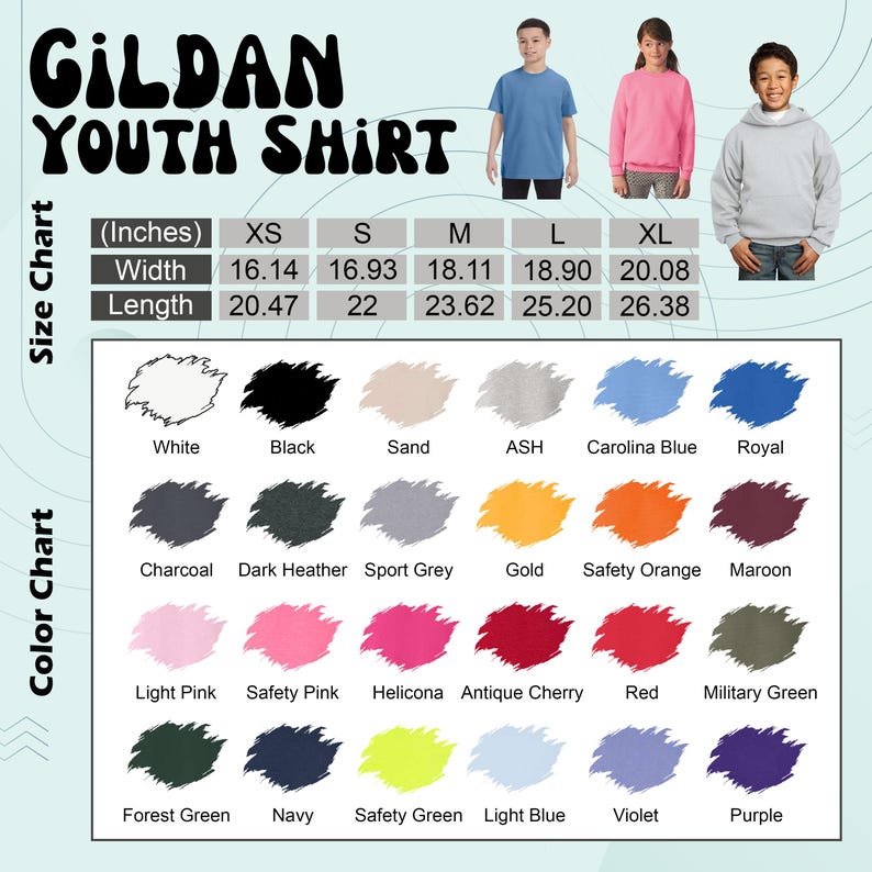 K&ouml;nnte beinhalten: Eine Farbkarte f&uuml;r Gildan-Jugendshirts mit einer Gr&ouml;&szlig;entabelle in Zoll. Die Karte zeigt verschiedene T-Shirt-Farben, darunter Wei&szlig;, Schwarz und Marineblau. Das Bild zeigt auch Beispiele f&uuml;r das Tragen der Shirts.