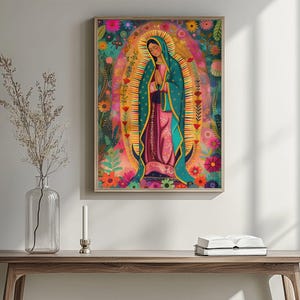 Colorful Virgin of Guadalupe Wall Art Canvas | Mexican Catholic Poster | Virgen de Guadalupe Religious Decor | Gift for Prayer Room or Home