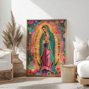 Colorful Virgin of Guadalupe Wall Art Canvas | Mexican Catholic Poster | Virgen de Guadalupe Religious Decor | Gift for Prayer Room or Home