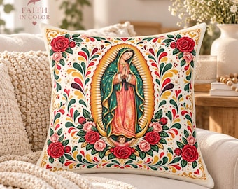 Virgin of Guadalupe Pillow, Catholic Prayer Throw Pillow, Religious Home Decor, Marian Decorative Cushion, Catholic Gift for Her