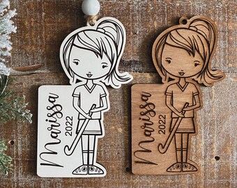 Instant digital download - Field hockey girl ornament svg file, laser ready ornament file, Glowforge laser engrave score ornament svg file
