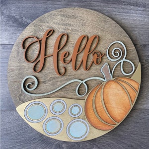 Instant digital download - Fall pumpkin SVG round sign door hanger Hello file, perfect for glowforge and laser cutters