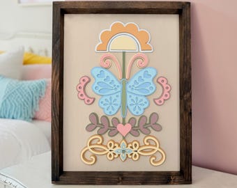 Instant digital download- Layered folk art inspired butterfly floral sign laser svg file, Glowforge svg file, laser design file, Glowforge
