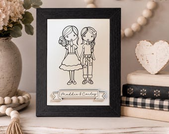 Instant digital download - Two girl graphic laser engrave sign file, sisters, cousins, best friends, 5 x 7" sign, Glowforge laser svg file
