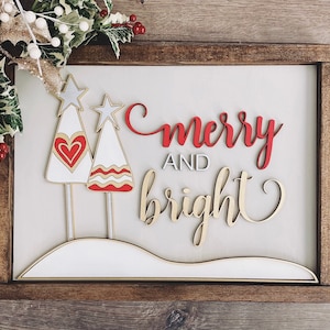 Instant digital download Whimsical Christmas Holiday Trees Merry & Bright Square/Rectangle Sign SVG File, laser ready file, Glowforge file