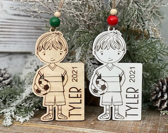 Instant digital download - Cute soccer boy svg ornament file for Glowforge and laser cutters, personalized ornament, soccer boy