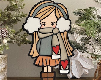 Instant digital download - Winter girl shelf sitter, sign file, laser ready svg for Glowforge, lasers, holiday laser file