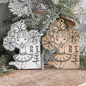 Instant digital download - Cute cheerleader girl svg ornament file for Glowforge and laser cutters, engrave personalized ornament,