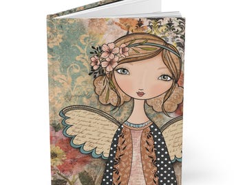 Hardcover Journal with Whimsical Angel Art, Original art product by NicCreates, Matte Finish Notebook, Lined Diary