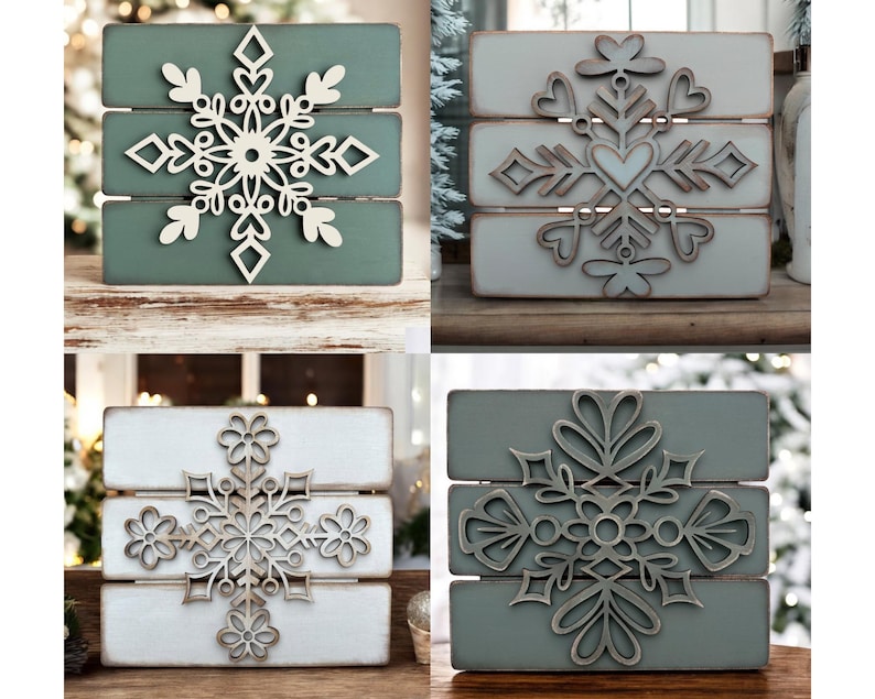 Puede incluir: Cuatro letreros de madera con diferentes dise&ntilde;os de copos de nieve. Cada letrero est&aacute; hecho de tres tablones de madera pintados en tonos de verde y blanco. Los copos de nieve est&aacute;n cortados de madera blanca y se superponen a los tablones.