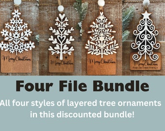 Instant digital download - Bundle of four layered tree ornament svg files, for laser use, Glowforge, Christmas ornament svg file, laser file