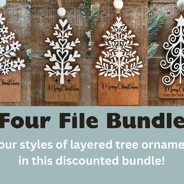 Instant digital download - Bundle of four layered tree ornament svg files, for laser use, Glowforge, Christmas ornament svg file, laser file