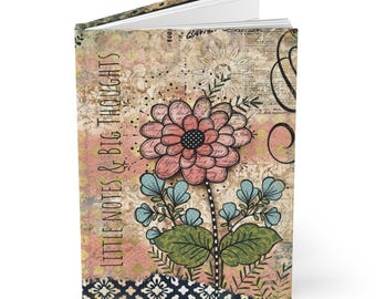 Original Art by NicCreates, Whimsical Pink Flower Illustration Journal | Hardcover Matte Journal, Lined Journal