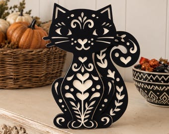 Instant digital download-folk art inspired layered cat shelf sitter, laser cut file, Glowforge svg file, laser svg file, halloween decor svg
