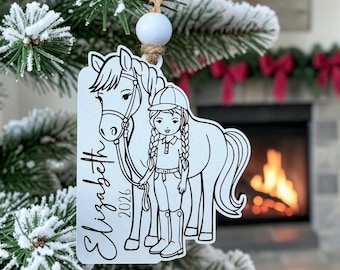 Instant digital download - Girl and horse ornament svg file for Glowforge, lasers, personalized horse girl ornament, laser ready file