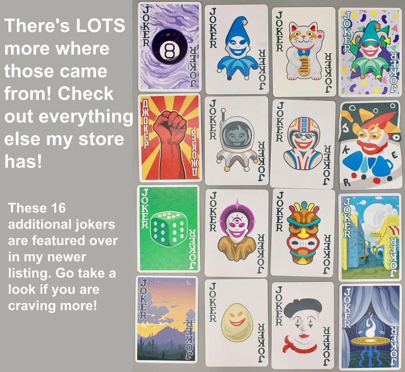 May include: A collection of sixteen playing cards featuring unique joker designs. Each card showcases a different illustration, including a lucky cat, a dice, and a smiling egg. The cards are arranged in a grid, with the word "JOKER" printed on each.