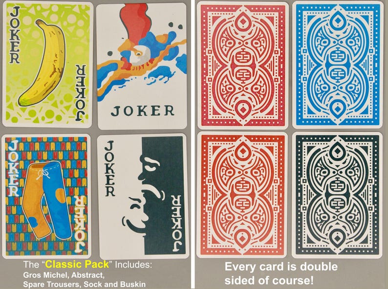 May include: A deck of playing cards featuring unique Joker designs and patterned backs. The Joker cards showcase illustrations of a banana, abstract art, pants, and a profile. The backs have red, blue, and black symmetrical patterns.