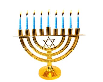 Menorá de Janucá dorada, estrella de David, Januquiá de nueve brazos hecha a mano
