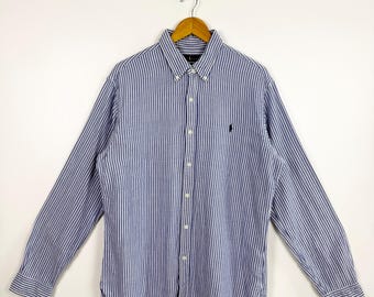 Vintage Polo Ralph Lauren Button-Down Shirt - Embroidery Logo - Blue, White Color - Men’s XL